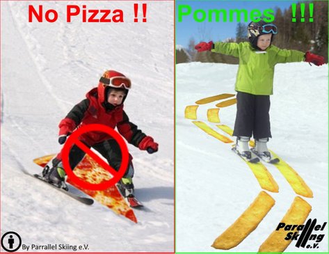 Kid making pizza wedge with skis; Kid making parallel chips with skis